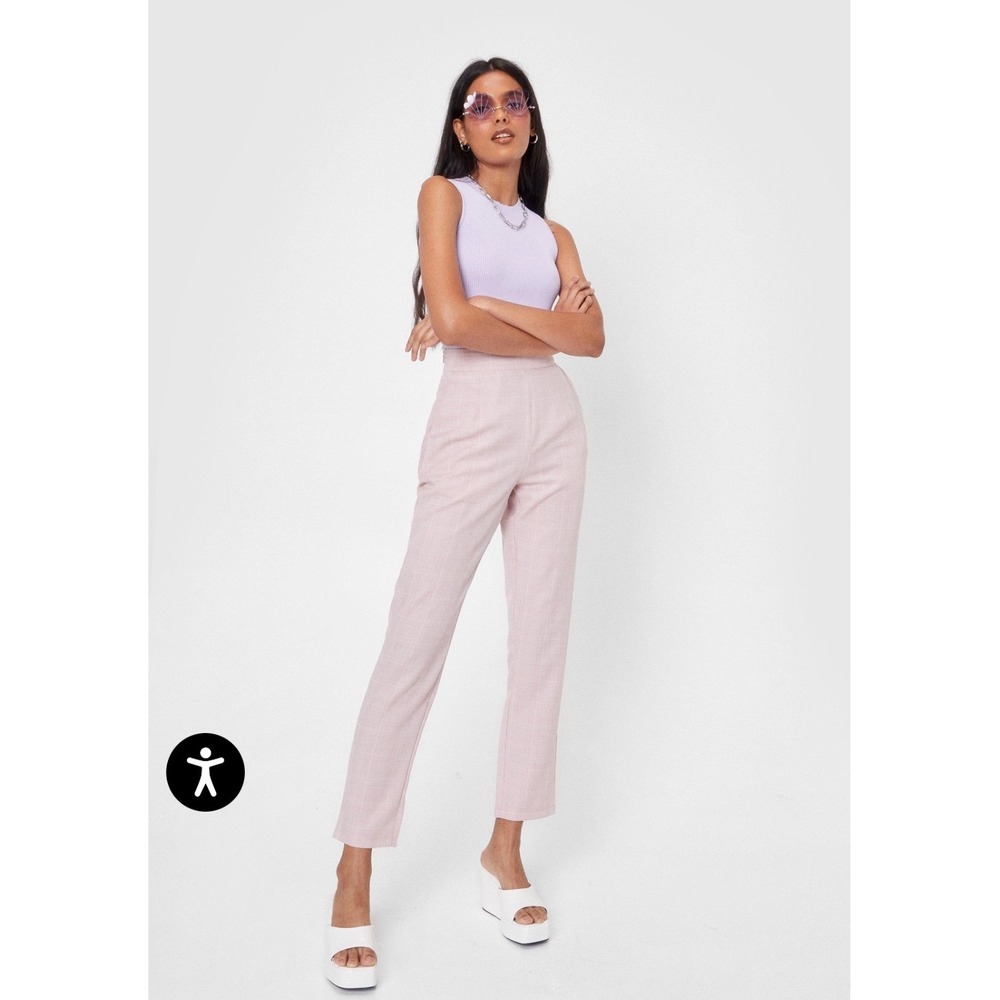 Nasty Gal Collection Pink Plaid High Waisted Straight Leg Trousers Pants 4 nwt‎